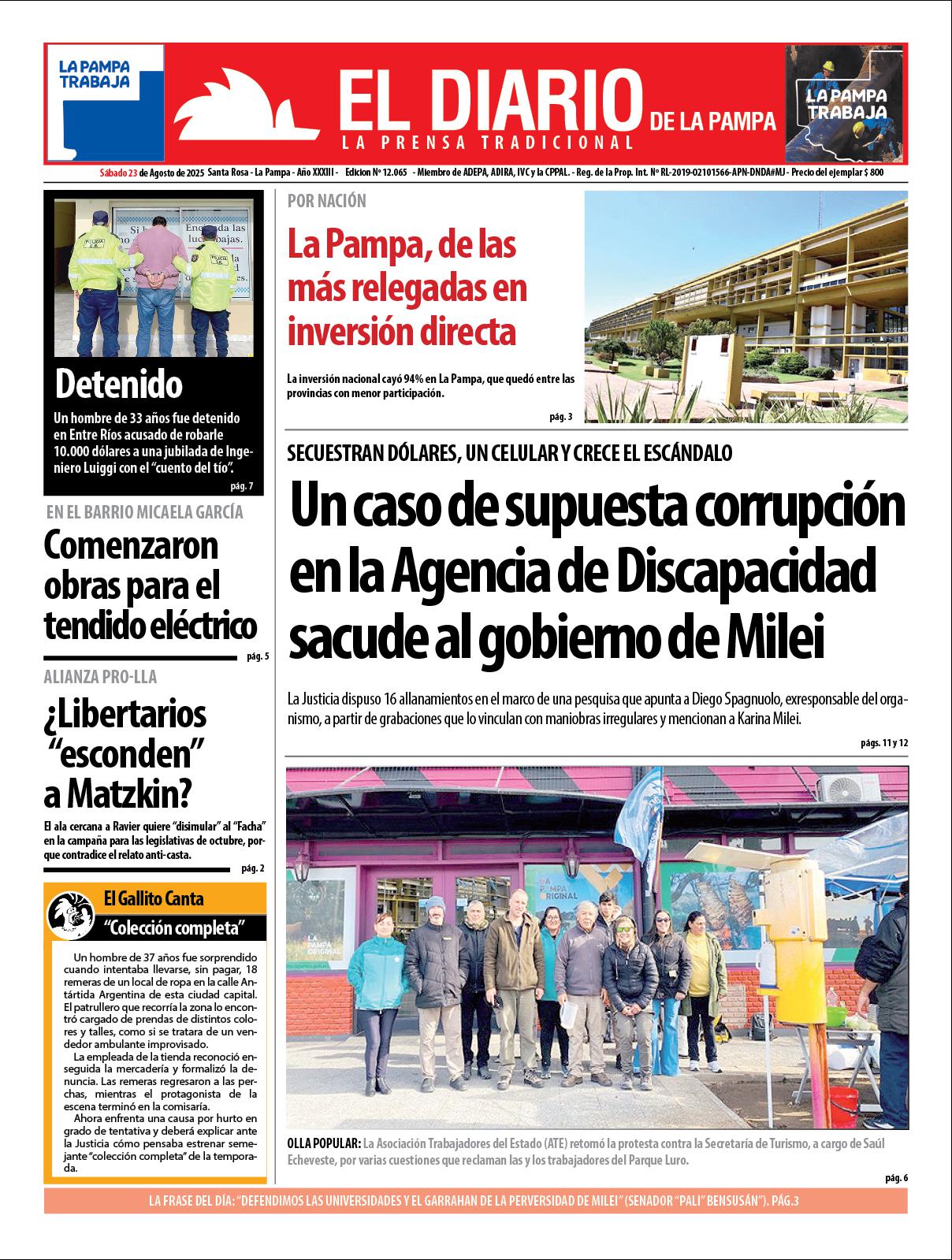 Tapa de El Diario en papel  saacutebado 23 de agosto de 2025